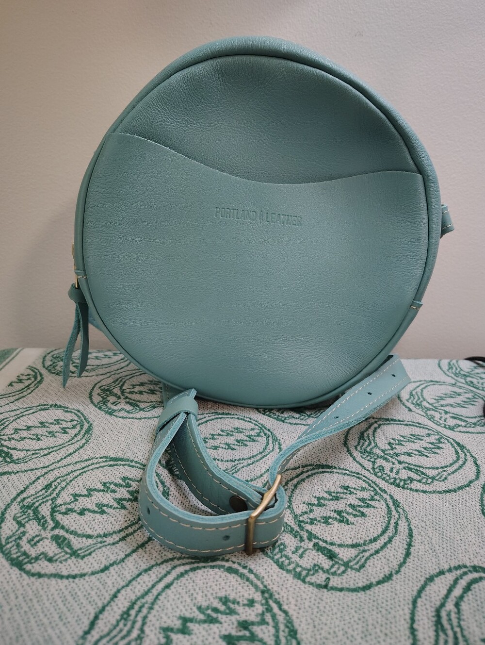 Portland Leather Round Crossbody Bag Powder Blue.